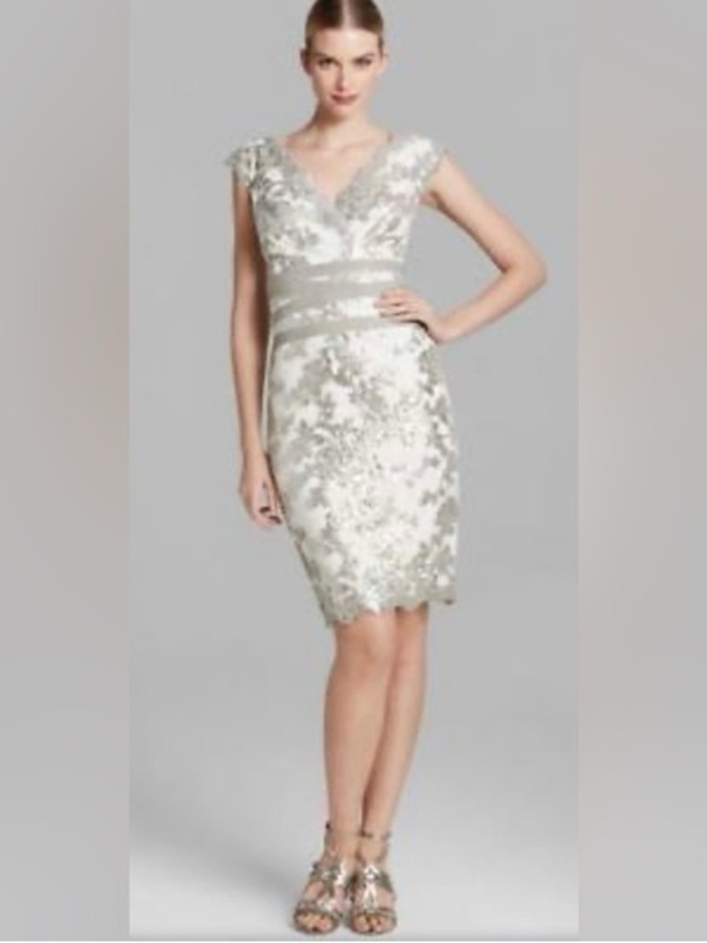 Tadashi Shoji Silver Lace V-Neck Midi Dress